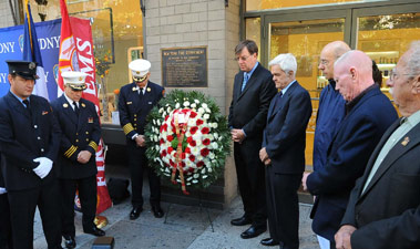 Chief of Department Salvatore Cassano, First Deputy Fire Commissioner Frank Cruthers and Deputy Assistant Chief Richard Tobin laid a wreath to commemorate the 42nd Anniversary of the 23rd Street fire. Numerous active and retired members took part in the ceremony, including FF Brian Finley (far left) and retired Capt. Manny Fernandez (fourth from the right).